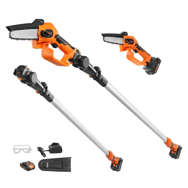 Mini Kettensäge Mit Akku 20V 2Ah Bürstenloser Motor 2 In 1 Akku-Hochentaster 22000U/min Kettensäge Elektro, Teleskop Heckenschere Astsäge Mit Teleskopstiel Auszugslänge Bis 2,43m