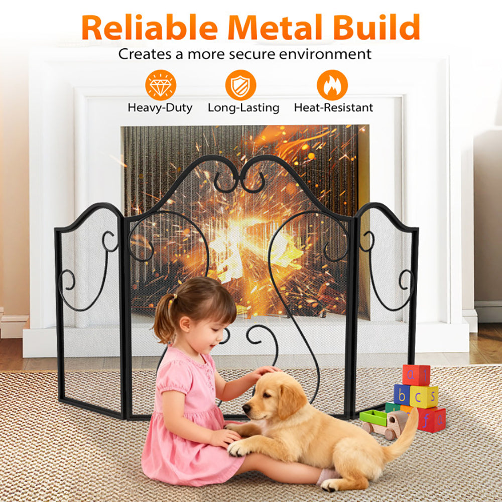 3 Panel Fireplace Screen Foldable Guard Cover With Decorative Scroll
