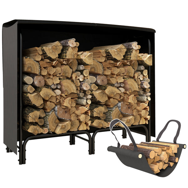 4FT Firewood Rack With Canvas Carrier Bag And 600D Oxford Waterproof Cover, Metal Log Store Indoors, Log Storage Rack Holder For Outdoor Indoor Fireplace, Black