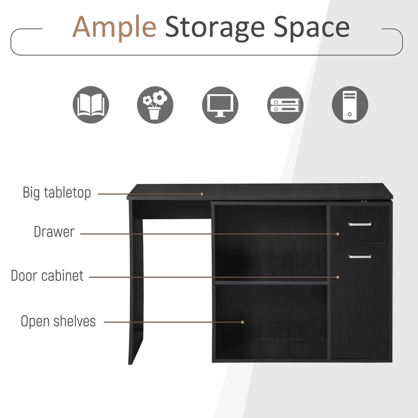 L Shaped Computer Desk, 180° Rotating Corner Desk with Storage Shelves, Drawer and Cabinet, Study Workstation for Home Office, Black