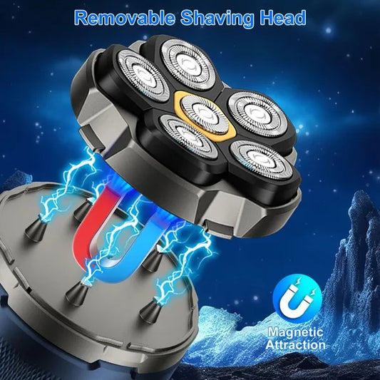Cordless Electric Head Shaver For Men 6D Magnetic Floating Head IPX6 Waterproof Wet Dry Shaving Electric Razor Type-C Rechargeable Trimmer With LED Digital Display For Bald Man