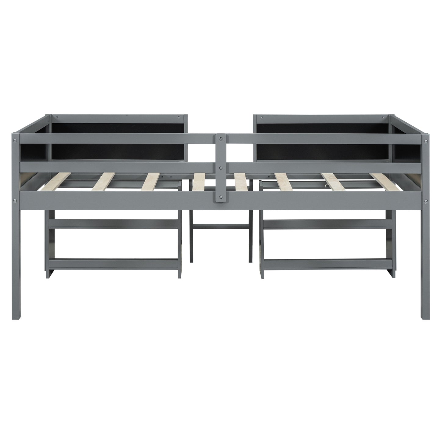 Twin Size Low Loft Bed With Movable Shelves, Ladder & Guardrail Chalkboard, Gray