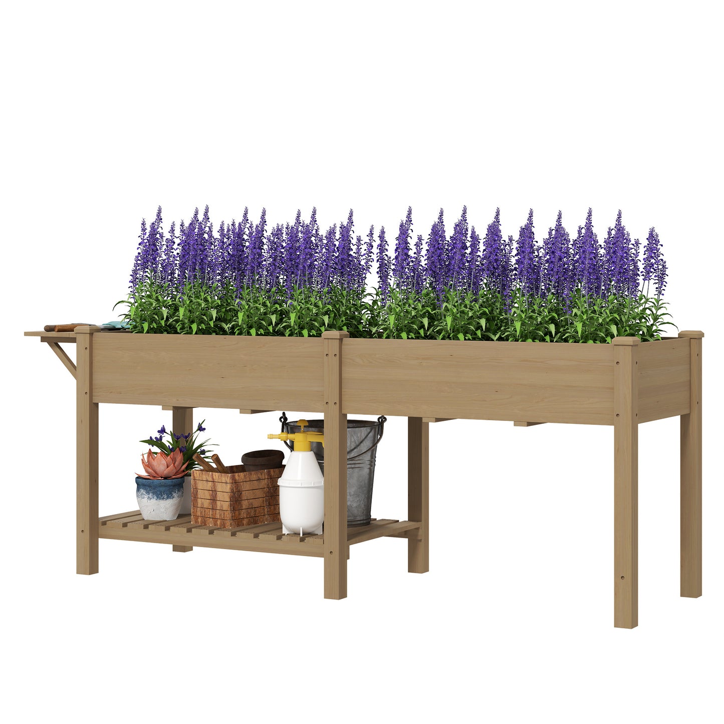 Wood Raised Garden Box, Elevated Garden Bed With Side Table, Bottom Shelf, Bed Liners And Drainage Holes, Carbonized