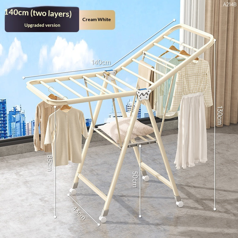 1.4-meter Cream White - Double-layer Air DryingFolding Clothes Rack Balcony Household Movable Indoor Clothes Rack Multifunctional Blanket Drying Tool Floor Drying Rack