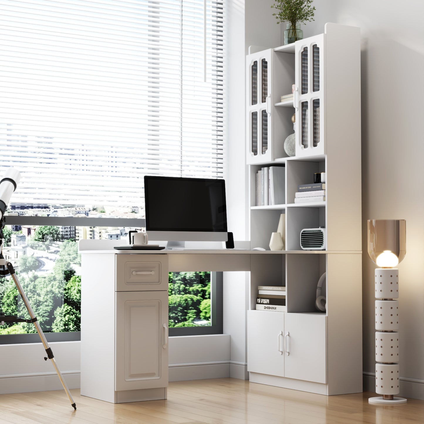 L-Shaped Corner Computer Desk  For Home Office Or Study Desk, Study Modern Style Table With Drawers, Bookshelf & Hutch, 2-in-1 L-Shaped Design, Large Working Space,white