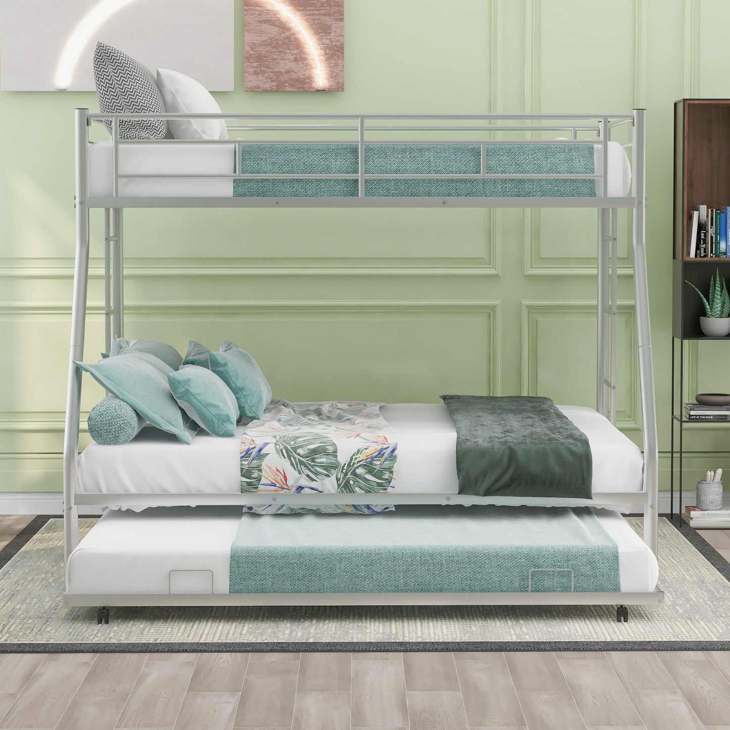 Twin Over Full Bunk Bed With Steel Frame, Trundle, Two-Side Ladders, Silver