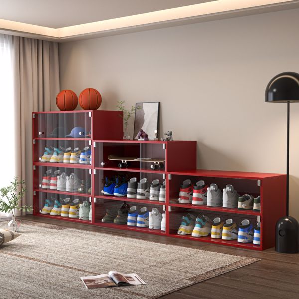 Red Glass Door Shoe Box Shoe Storage Cabinet For Sneakers With RGB LED Light - Single