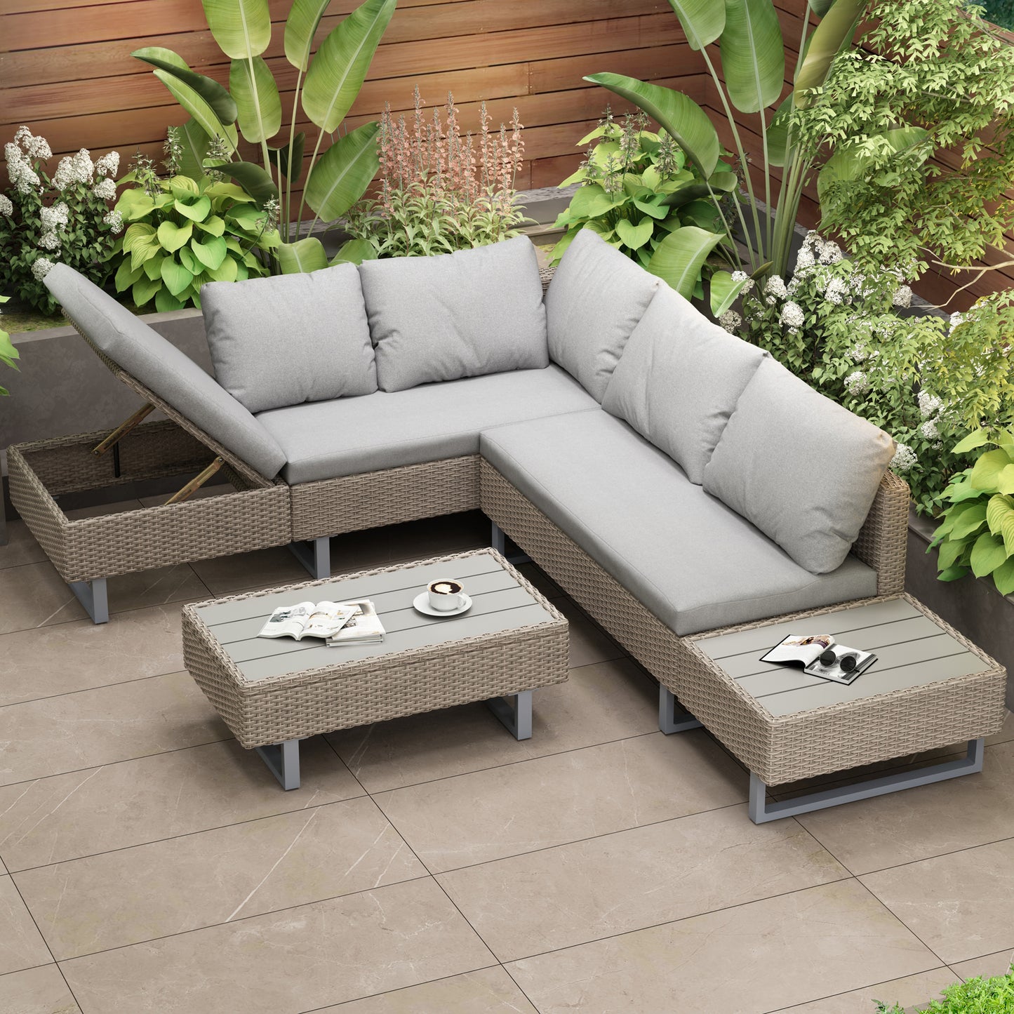 Mixed Khaki Rattan Corner Sofa Set,Industrial Style,with Coffee Table,Garden Furniture Set,Anti-UV Cushions Removable Covers,Khaki
