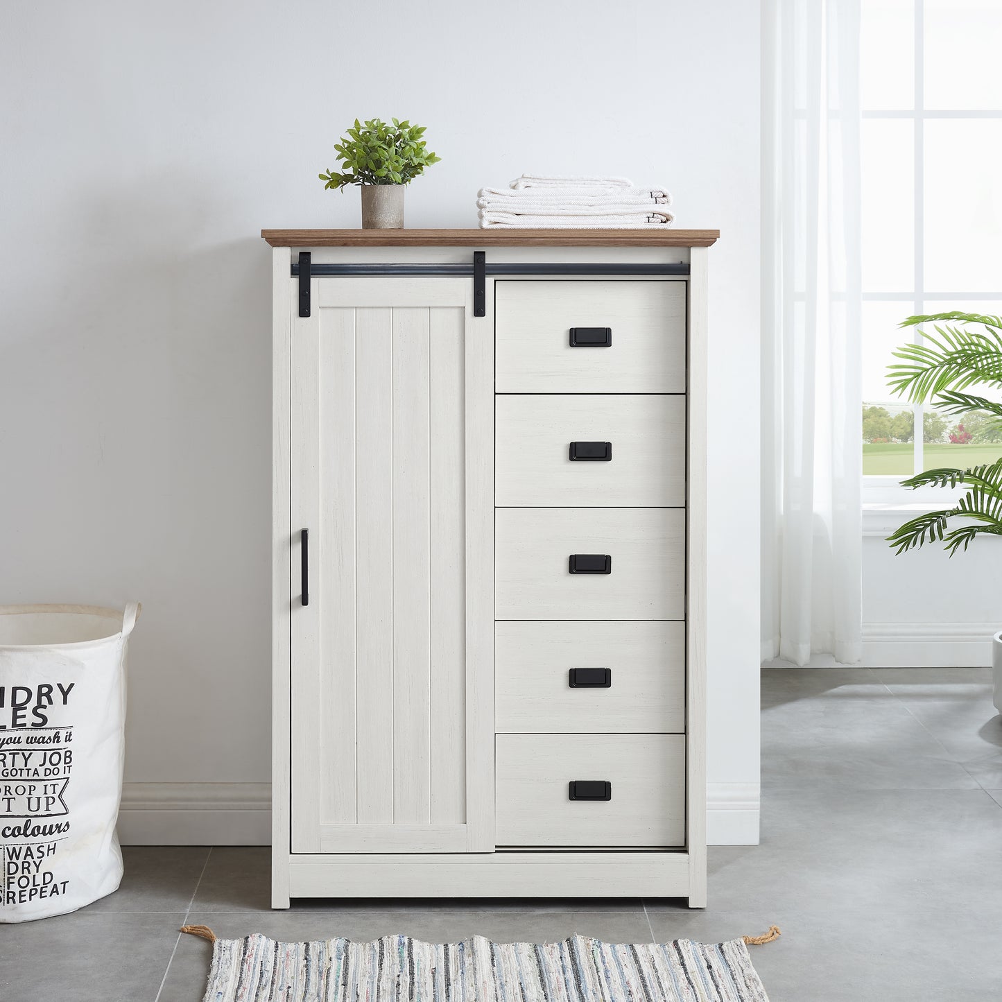 5 Drawers Dresser W Sliding Barn Door, Farmhouse Modern Tall Dresser 5 Chest Of Drawers, Storage Organizer Dresser For Bedroom, Hallway, Living Room, Kids Room WHITE