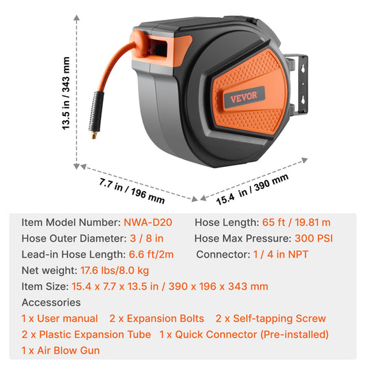 Retractable Air Hose Reel  Hybrid Enclosed Air Hose 300 PSI