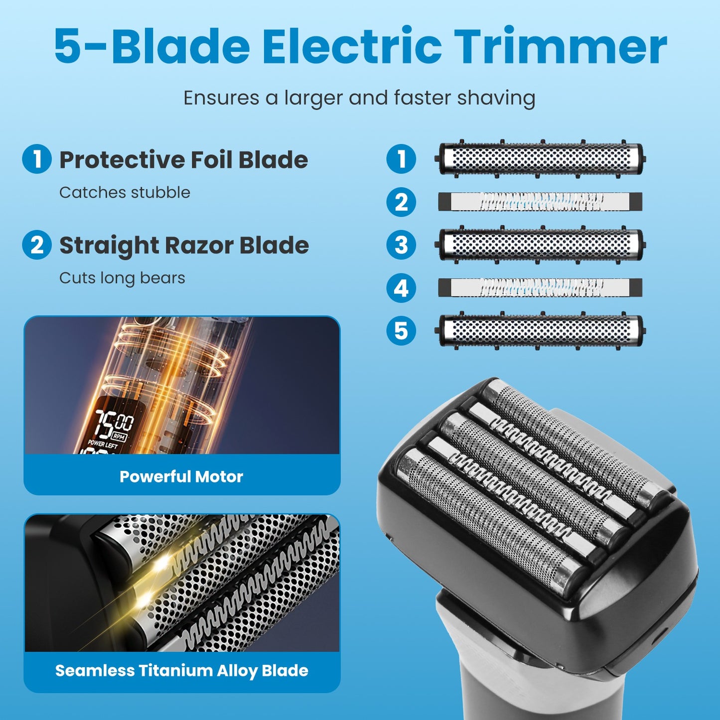 Electric Foil Face Shaver 5-Blade Electric Razor For Men Wet & Dry Jawline Beard Trimmer Precision Sideburn Shavers IPX6 Waterproof With LED Display Cleaning Brushes
