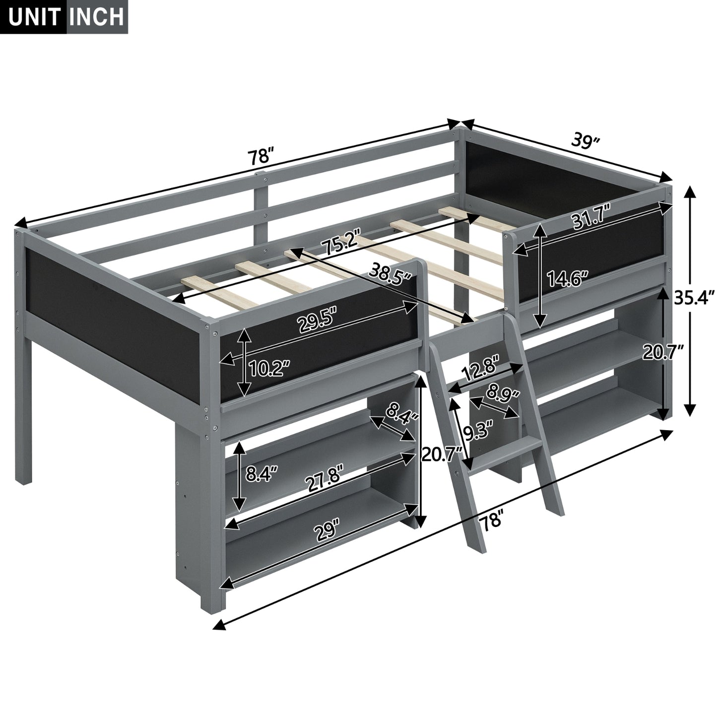 Twin Size Low Loft Bed With Movable Shelves, Ladder & Guardrail Chalkboard, Gray