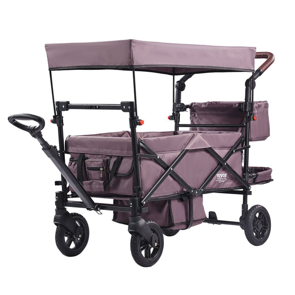 Wagon Stroller For 2 Kids, Push Pull Quad Collapsible Stroller With Adjustable Handle, Encircling Harness Removable Canopy,4 Wheels W/ Brakes,Mutifunction Tandem Stroller For Camping Dark Purple
