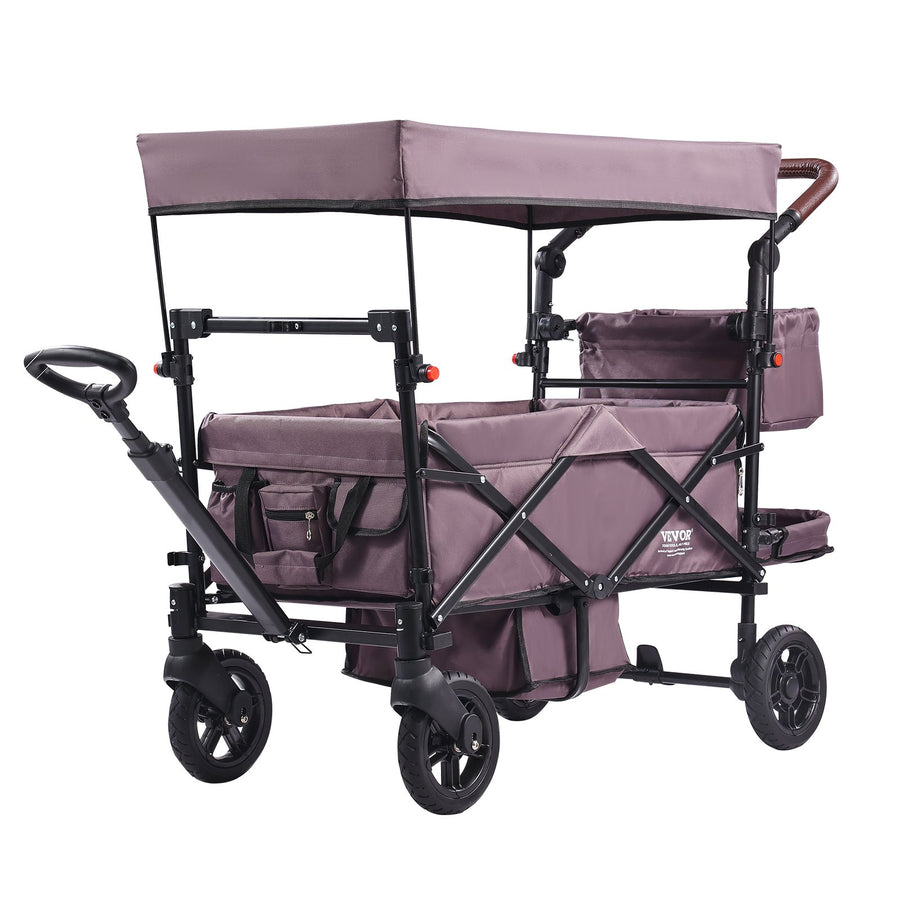 Wagon Stroller For 2 Kids, Push Pull Quad Collapsible Stroller With Adjustable Handle, Encircling Harness Removable Canopy,4 Wheels W/ Brakes,Mutifunction Tandem Stroller For Camping Dark Purple