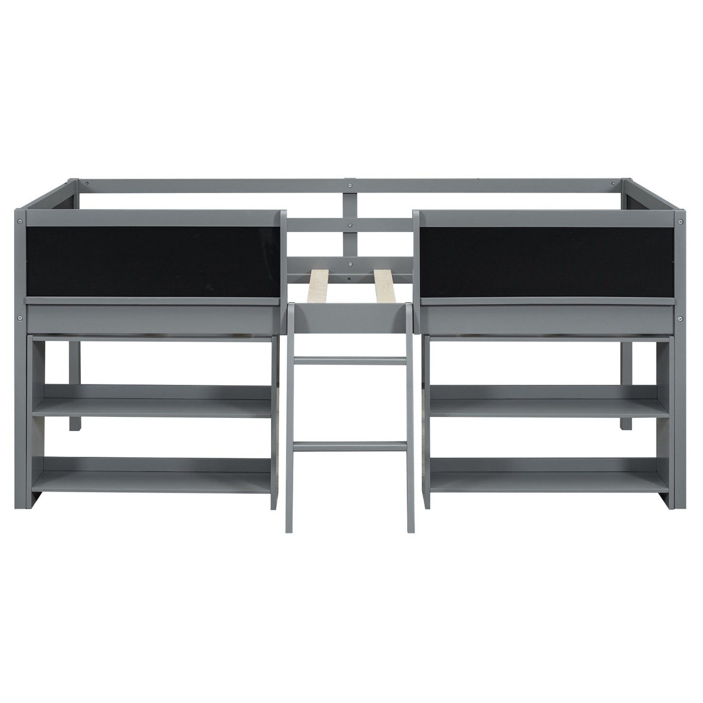 Twin Size Low Loft Bed With Movable Shelves, Ladder & Guardrail Chalkboard, Gray