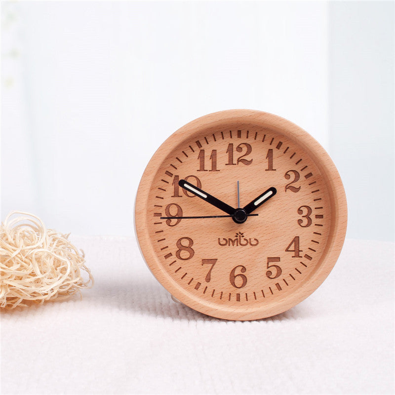 Log Silent Alarm Clock Solid Wood Desktop Clock Beech Clock
