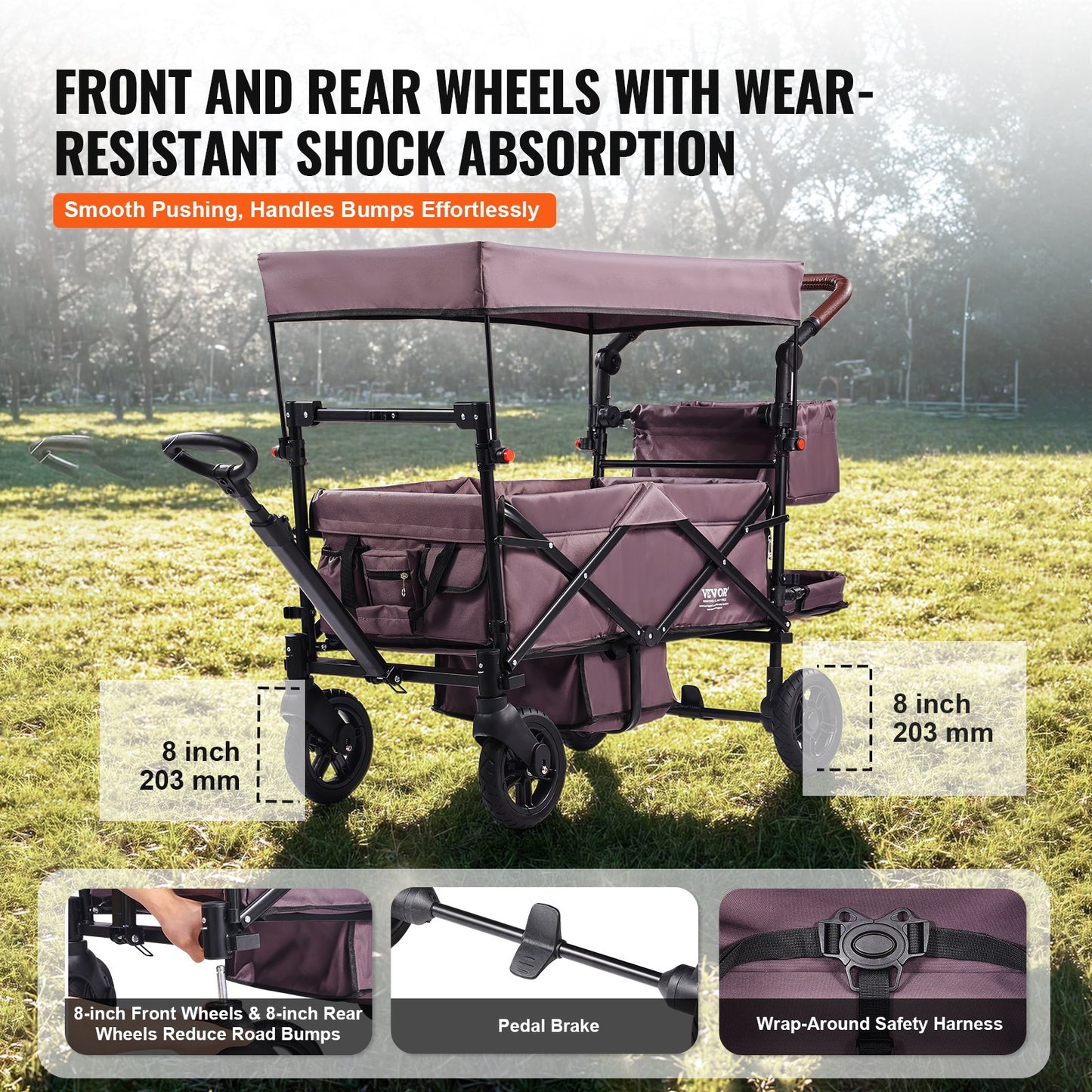 Wagon Stroller For 2 Kids, Push Pull Quad Collapsible Stroller With Adjustable Handle, Encircling Harness Removable Canopy,4 Wheels W/ Brakes,Mutifunction Tandem Stroller For Camping Dark Purple