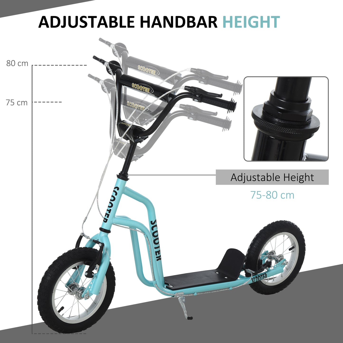 Stunt Scooter, Kids Scooter, 12'' Rubber Tyre Kick Scooter With Adjustable Handlebar, Dual Brakes, Blue