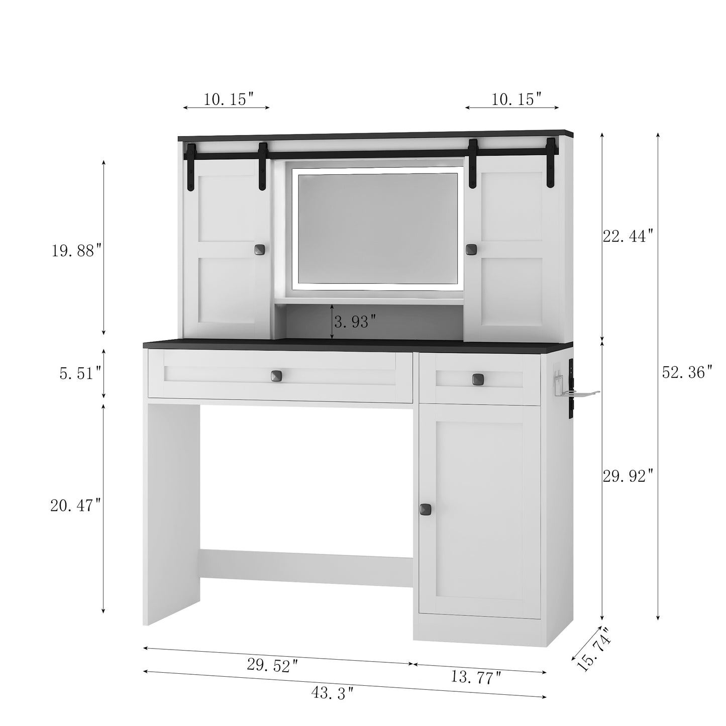 Farmhouse Dressing Table Makeup Table,  Wide Dressing Table With Lighted Mirror And Makeup Drawer, Large Modern Dressing Table Set With Hair Dryer Holder For Bedroom, White