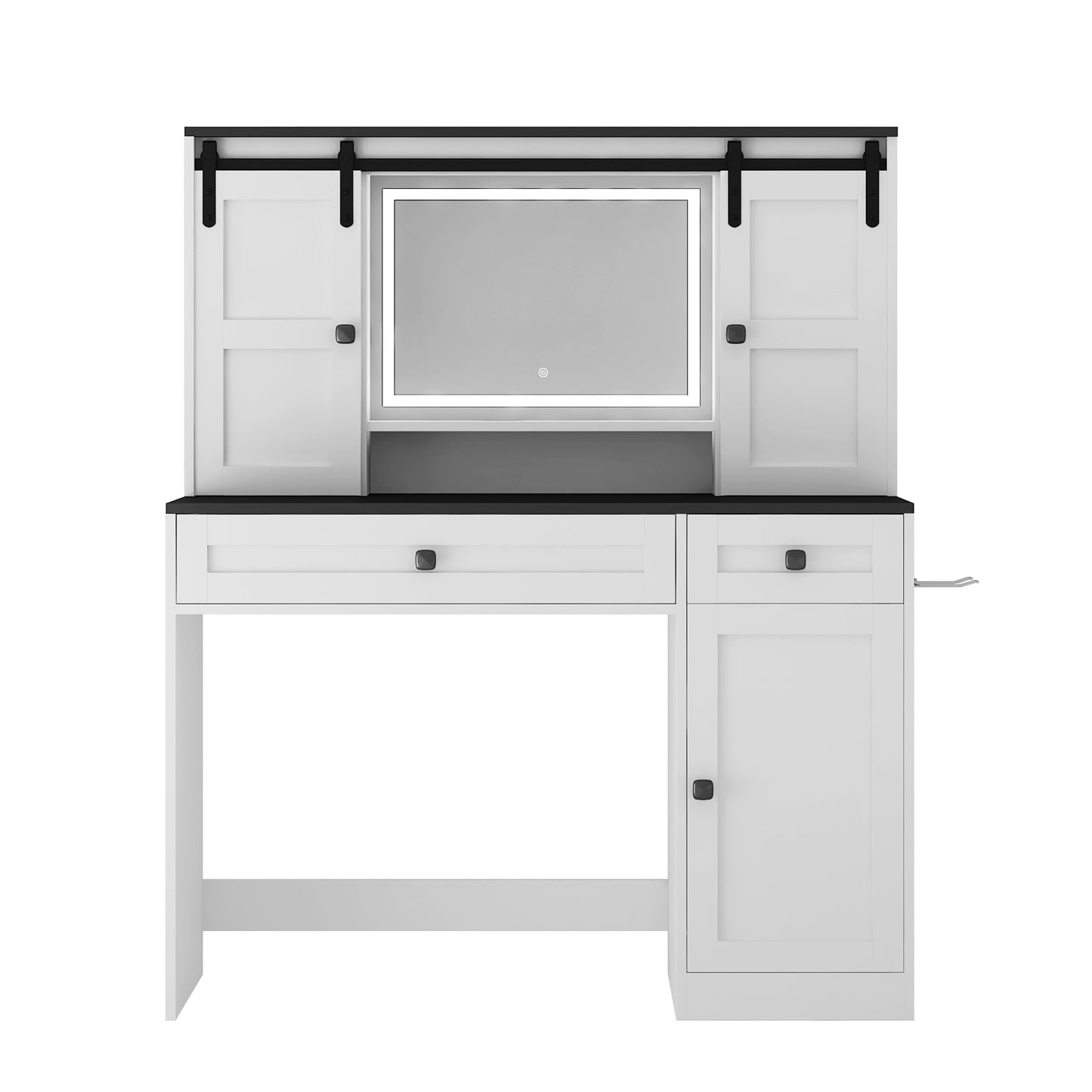 Farmhouse Dressing Table Makeup Table,  Wide Dressing Table With Lighted Mirror And Makeup Drawer, Large Modern Dressing Table Set With Hair Dryer Holder For Bedroom, White