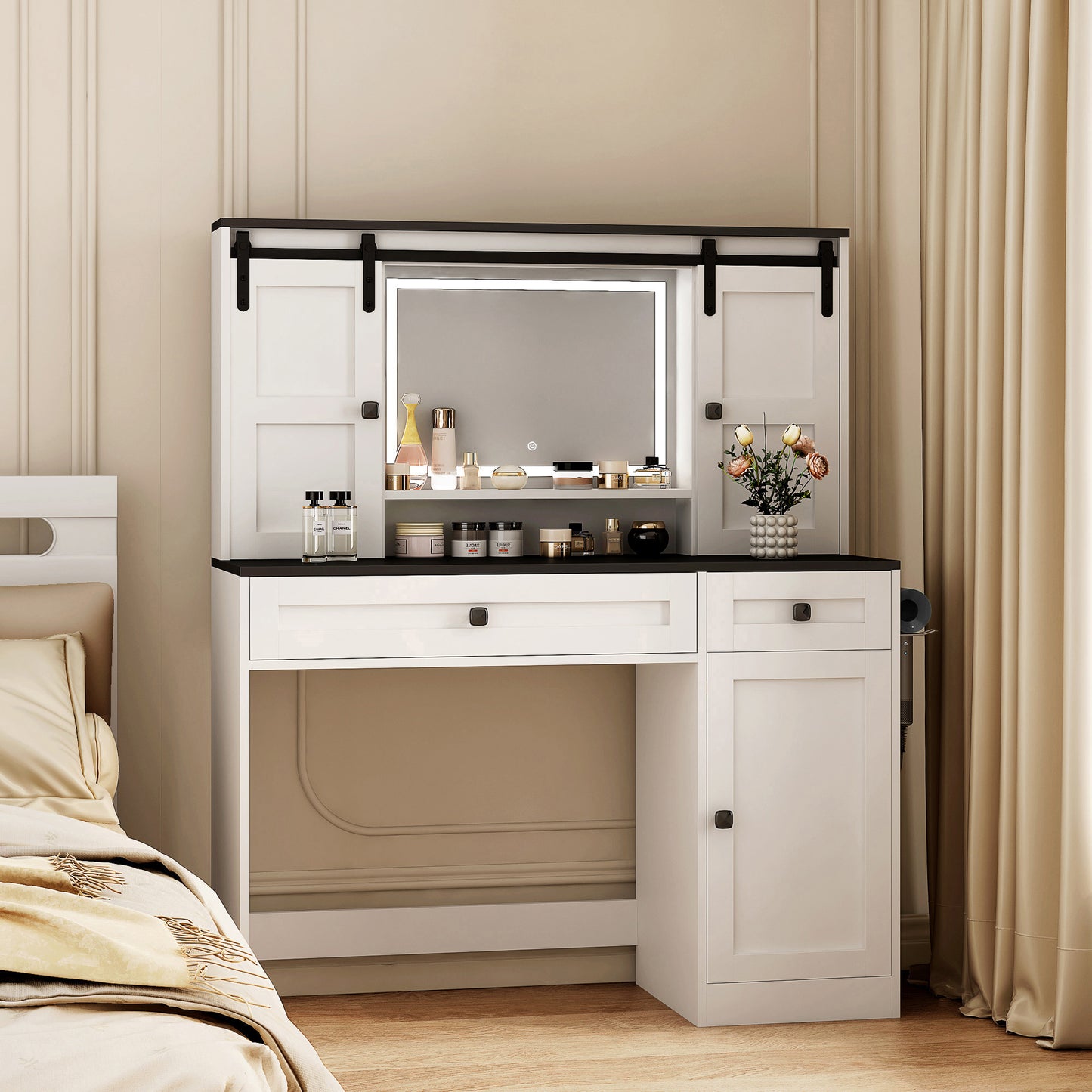 Farmhouse Dressing Table Makeup Table,  Wide Dressing Table With Lighted Mirror And Makeup Drawer, Large Modern Dressing Table Set With Hair Dryer Holder For Bedroom, White