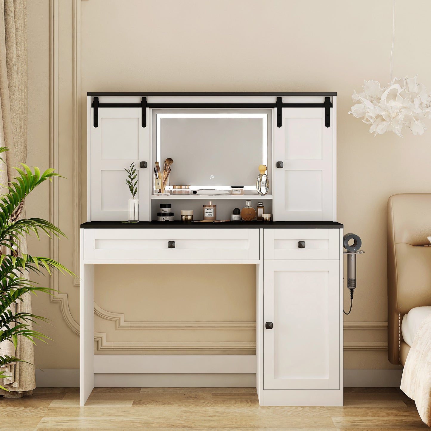 Farmhouse Dressing Table Makeup Table,  Wide Dressing Table With Lighted Mirror And Makeup Drawer, Large Modern Dressing Table Set With Hair Dryer Holder For Bedroom, White