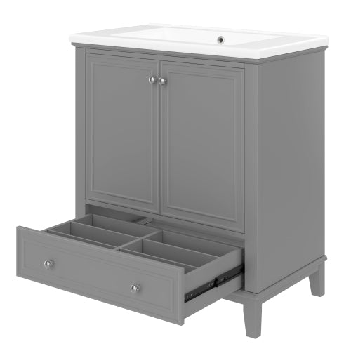 30 Bathroom Vanity With Sink Combo, Multi-functional Bathroom Cabinet With Doors And Drawer, Solid Frame And MDF Board, Grey