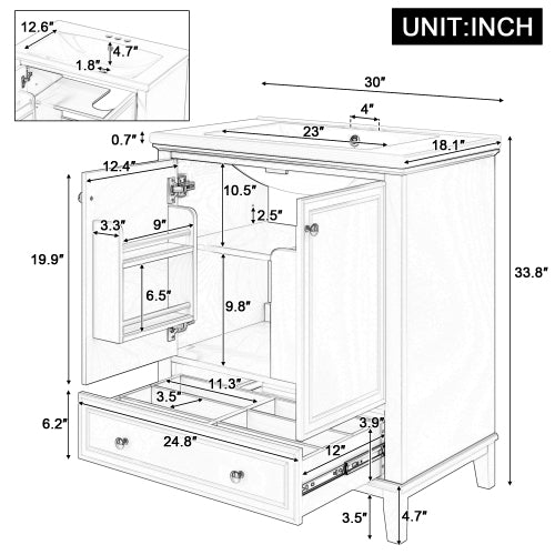 30 Bathroom Vanity With Sink Combo, Multi-functional Bathroom Cabinet With Doors And Drawer, Solid Frame And MDF Board, Grey