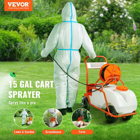 Battery Powered Lawn Sprayer On Wheel, 0-90 PSI Adjustable Pressure, 15 Gallon Tank, Cart Sprayer With 8 Nozzles And 2 Wands, 12V 12Ah Battery, Wide Mouth Lid For Weeding, Spraying