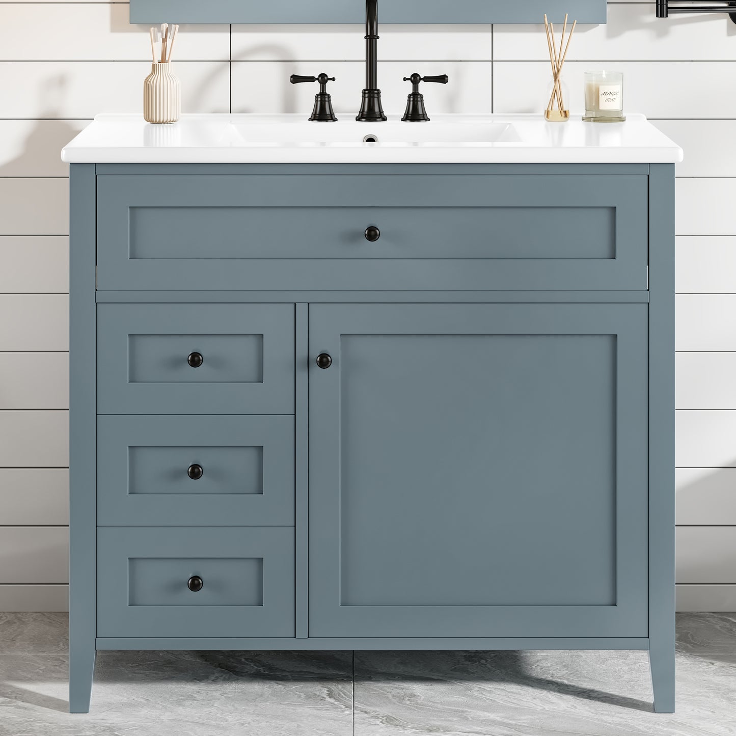 36-Inch Blue Gray Bathroom Vanity With Sink, Modern MDF And Rubberwood Cabinet With 3 Drawers And Adjustable Shelf, Freestanding Vanity For Bathroom Storage And Organization