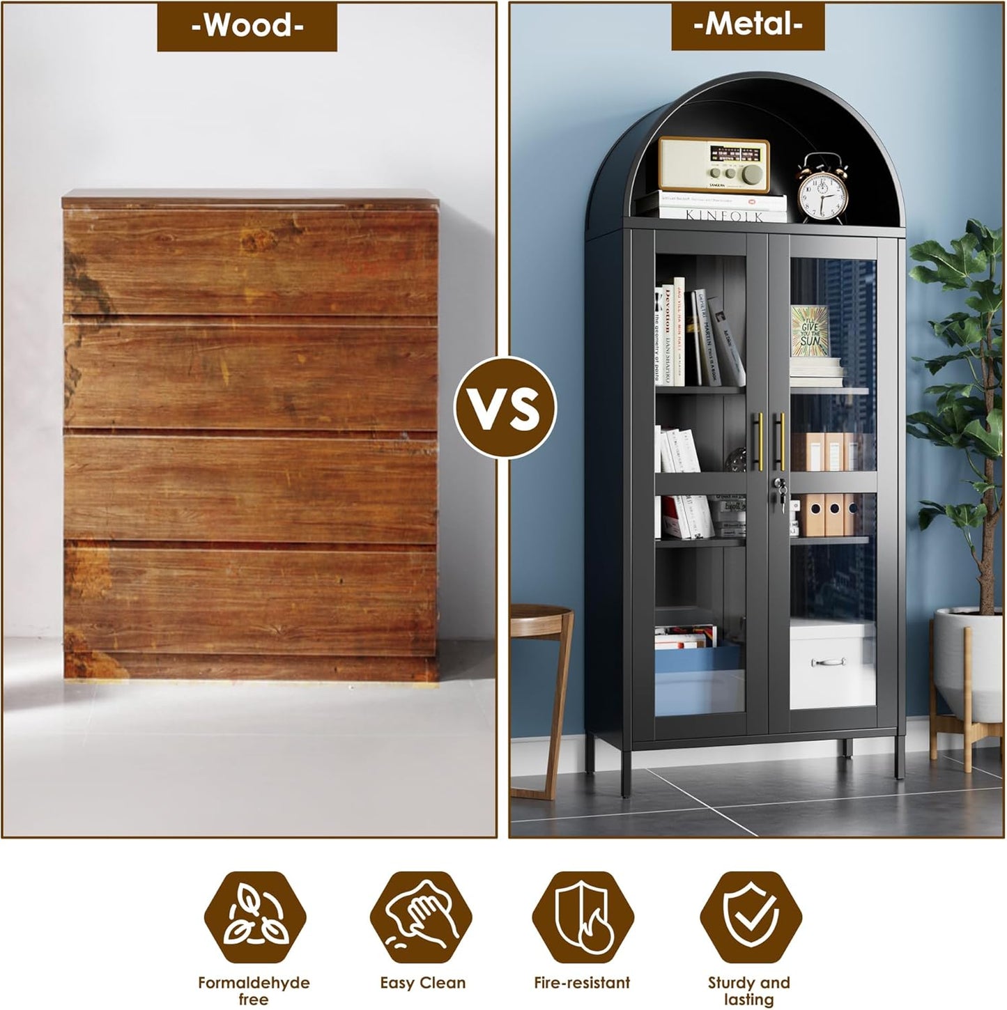 Metal Arched Cabinet With Lock, Arch Display Bookcase With Glass Doors Shelves, Modern Freestanding Kitchen Pantry Storage Cabinet For Dining Room, Home, Office, Assembly Required Black