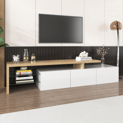 Modern TV Cabinet Design Stylish And Elegant, Practical Storage, High-gloss White, Wooden Look, Glass Shelves, LED Lighting