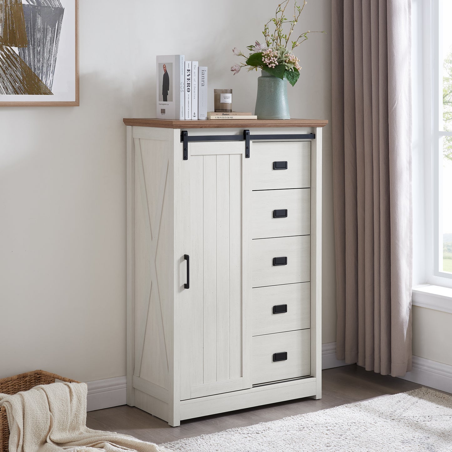 5 Drawers Dresser W Sliding Barn Door, Farmhouse Modern Tall Dresser 5 Chest Of Drawers, Storage Organizer Dresser For Bedroom, Hallway, Living Room, Kids Room WHITE