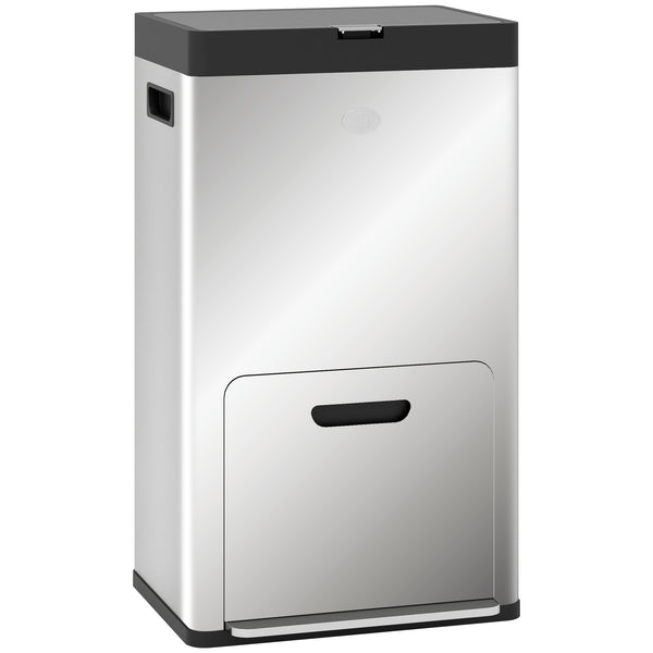56L Triple Compartment Stainless Steel Kitchen Bin, With Deodoriser Holders And Wheels - Silver Tone