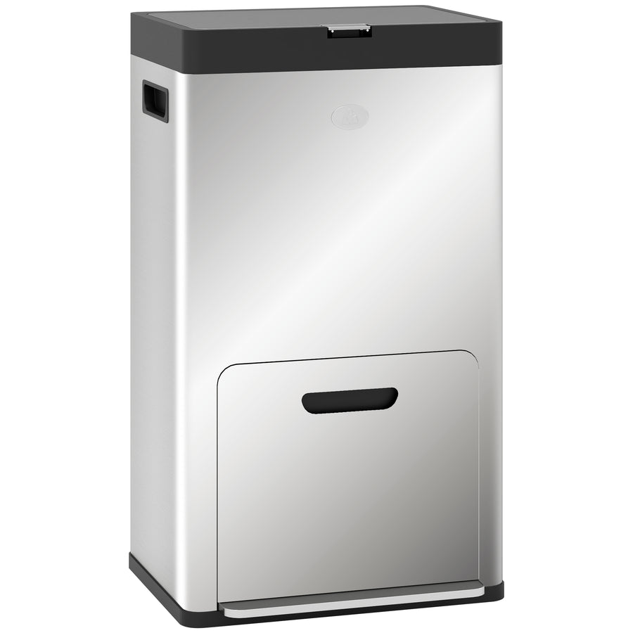 56L Triple Compartment Stainless Steel Kitchen Bin, With Deodoriser Holders And Wheels - Silver Tone