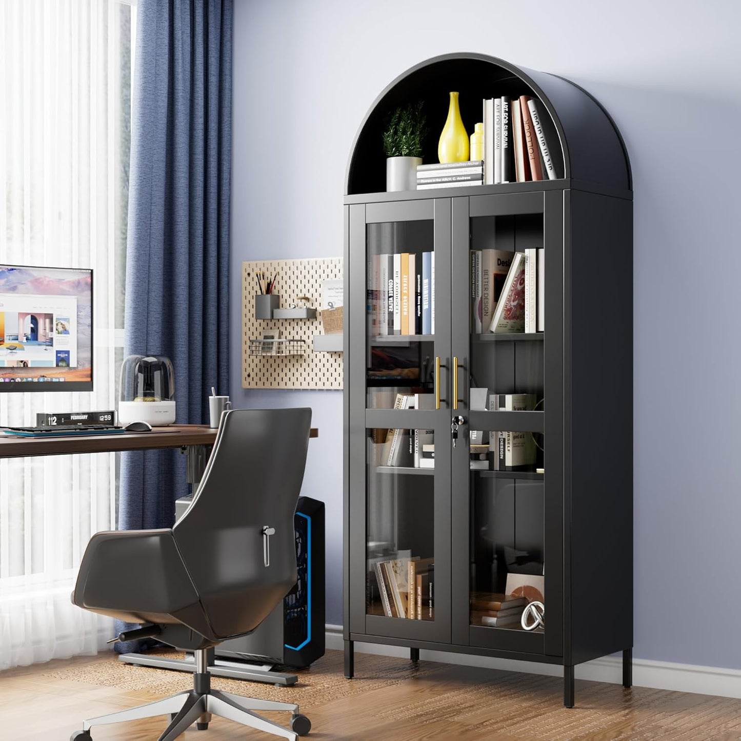Metal Arched Cabinet With Lock, Arch Display Bookcase With Glass Doors Shelves, Modern Freestanding Kitchen Pantry Storage Cabinet For Dining Room, Home, Office, Assembly Required Black