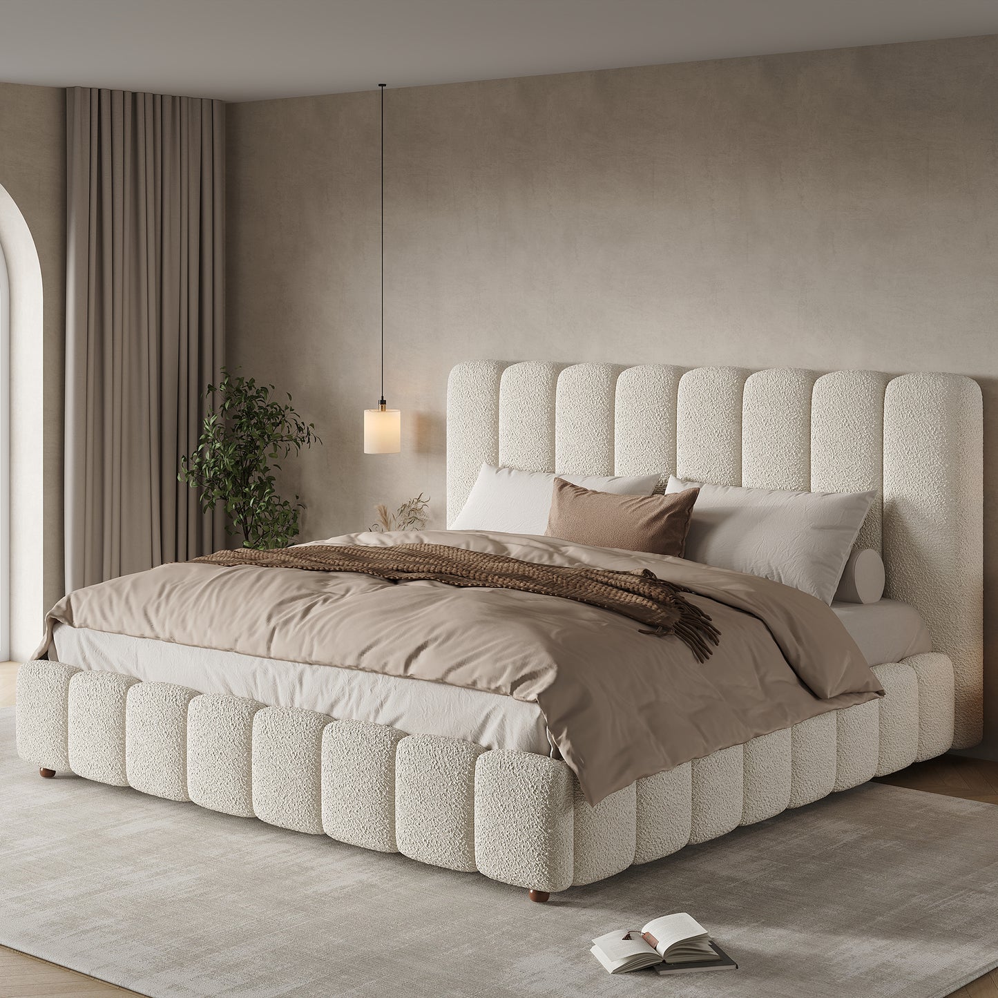 Upholstered Bed, King Size Bed, 5ft-150x200cm, Hydraulic Functional Bed, Bed With Slatted Frame, Headboard And Large Storage Space, Padded Headboard, White Boucle
