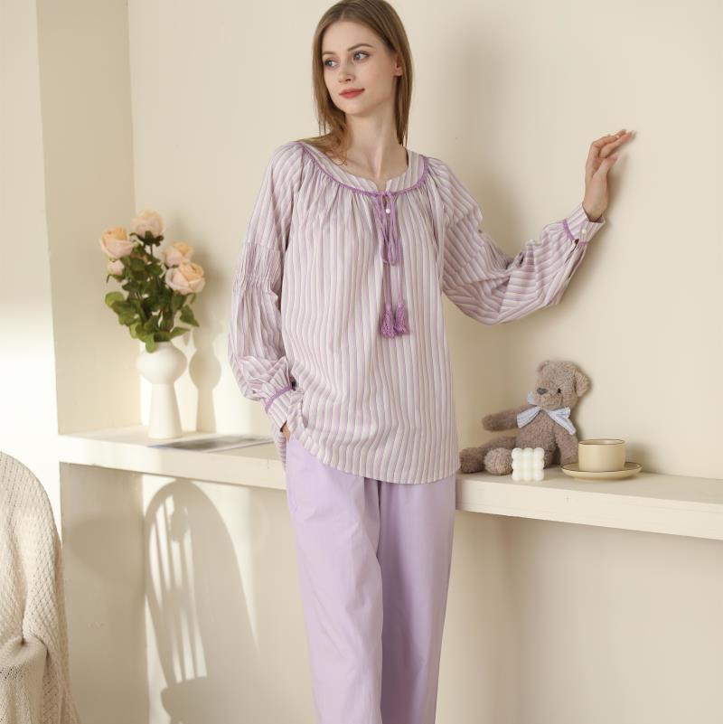 Pyjamas Female Korean Version Stripes Solid Color Simple Wind Comfortable Long Sleeve Set Cotton Home Wear Can Be Worn