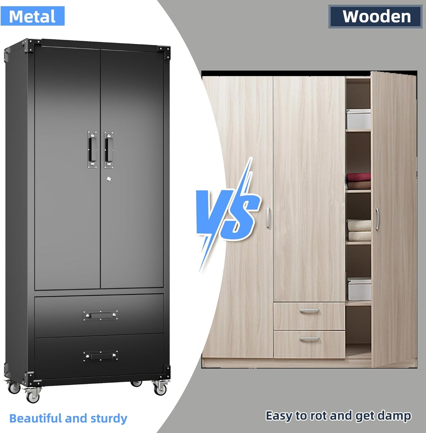 Rolling Storage Cabinet With 2 Doors And 2 Drawers, Metal Storage Cabinet With Doors And Shelves, Locking Steel Cabinet For Warehouse, Home, Office Black