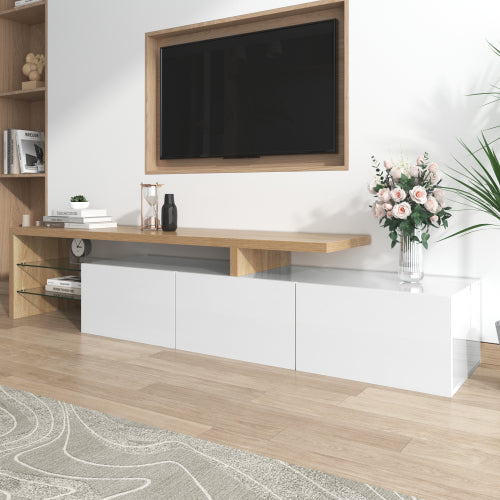 Modern TV Cabinet Design Stylish And Elegant, Practical Storage, High-gloss White, Wooden Look, Glass Shelves, LED Lighting