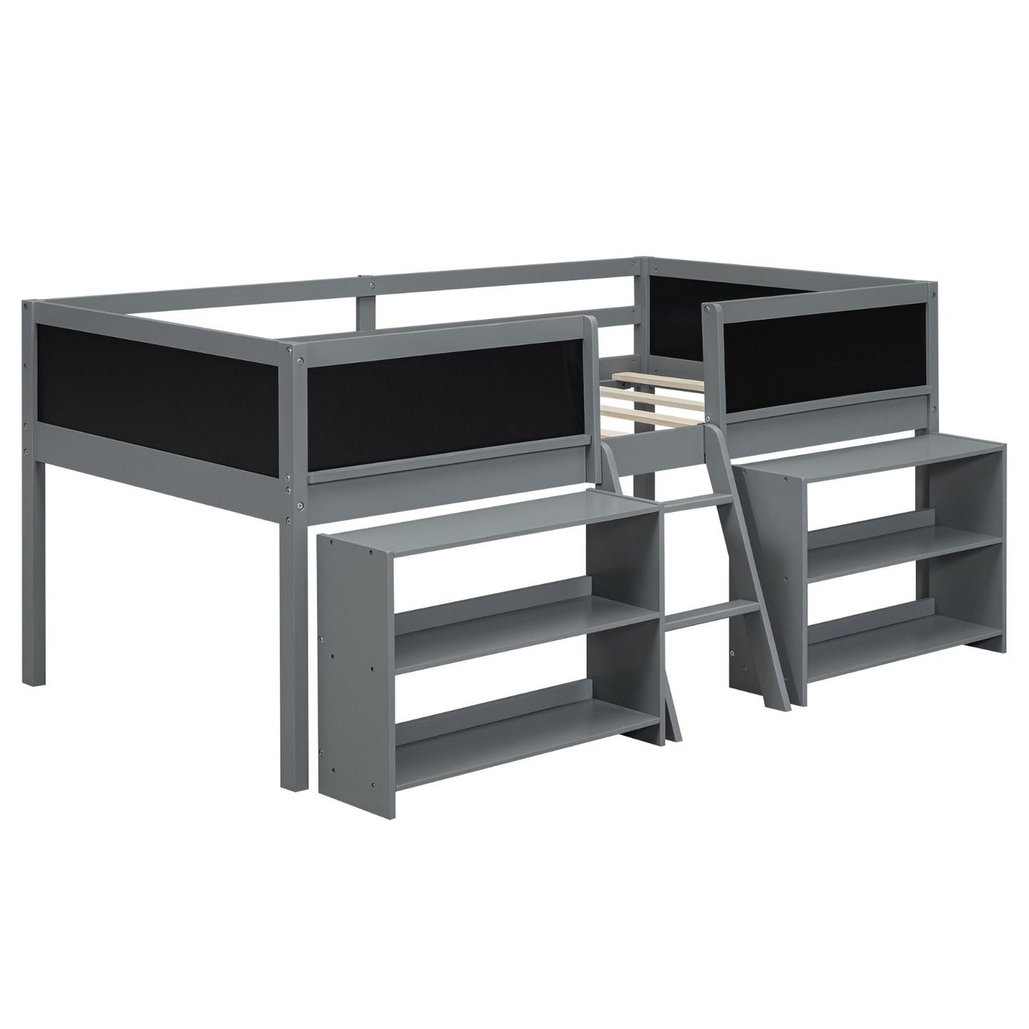 Twin Size Low Loft Bed With Movable Shelves, Ladder & Guardrail Chalkboard, Gray
