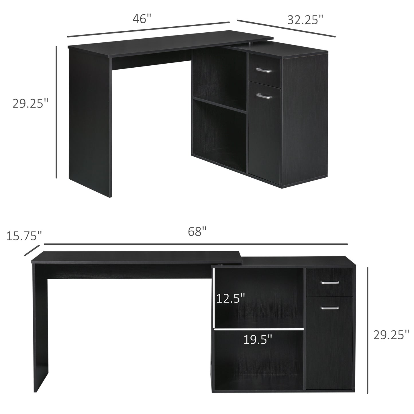 L Shaped Computer Desk, 180° Rotating Corner Desk with Storage Shelves, Drawer and Cabinet, Study Workstation for Home Office, Black