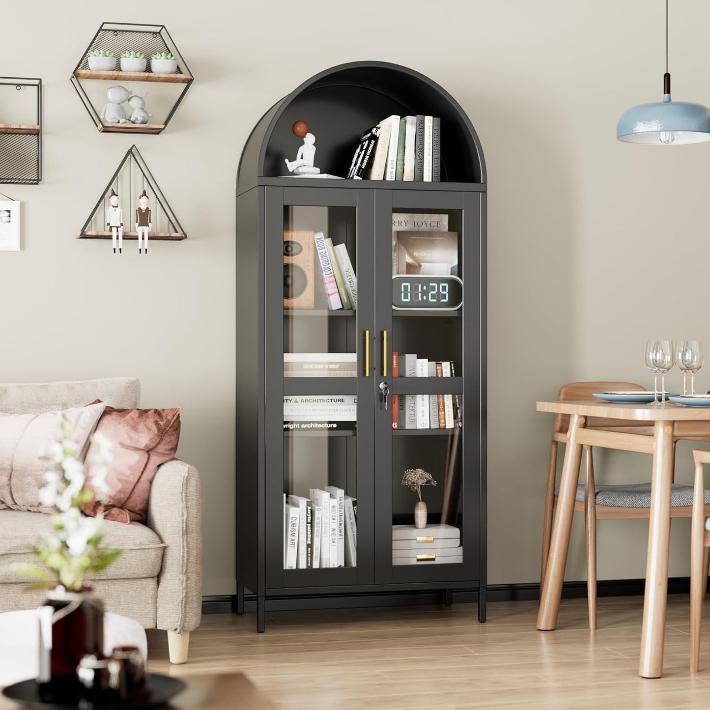 Metal Arched Cabinet With Lock, Arch Display Bookcase With Glass Doors Shelves, Modern Freestanding Kitchen Pantry Storage Cabinet For Dining Room, Home, Office, Assembly Required Black