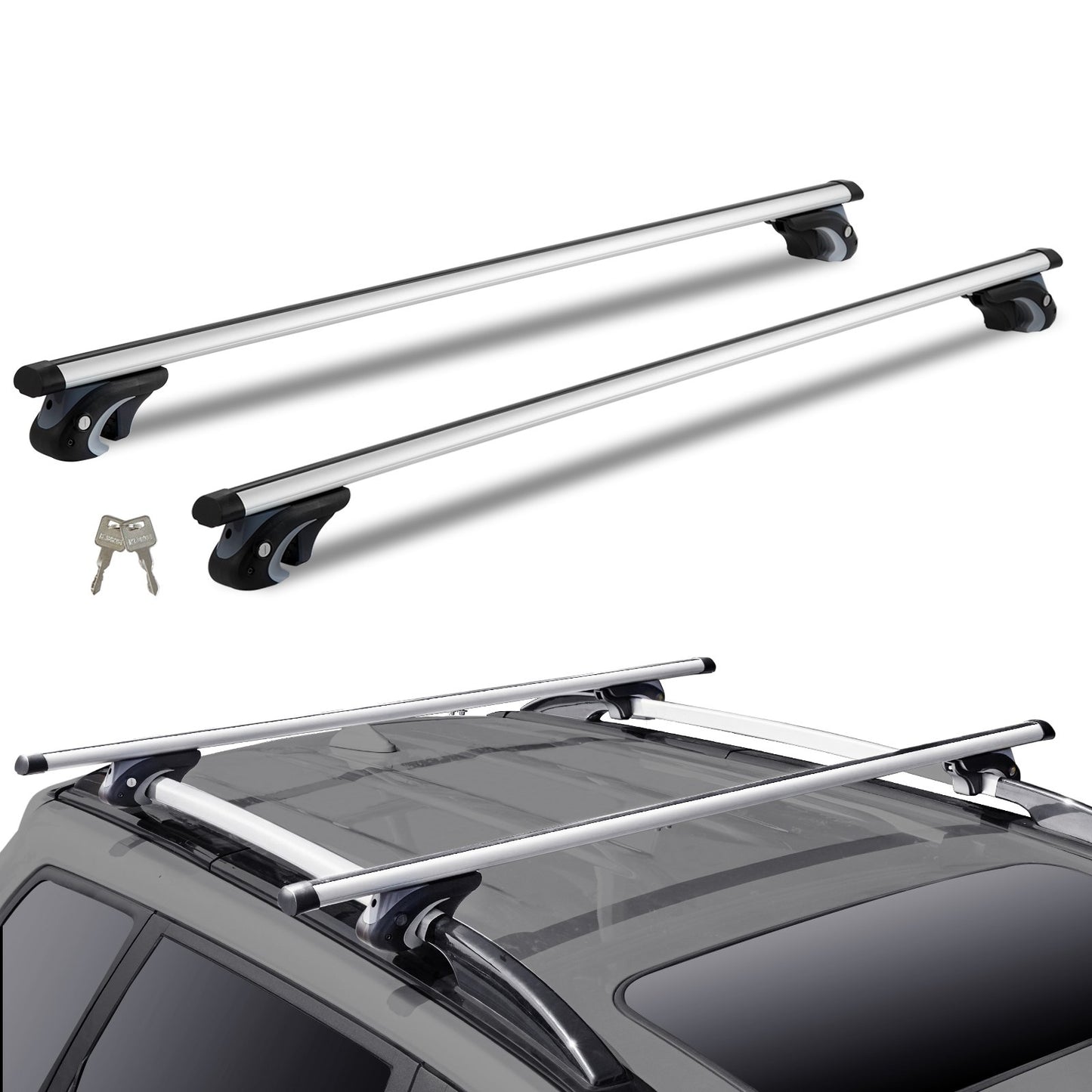 Dachträger Universal Dachgepäckträger Auto Alu Querträger 90 Kg Tragkraft, Für Erhöhte Seitenschiene Mit Lücke, Passend Innenabstand Des Dachbalkens 19-113cm, Rohrdurchmesser 28-68 Mm