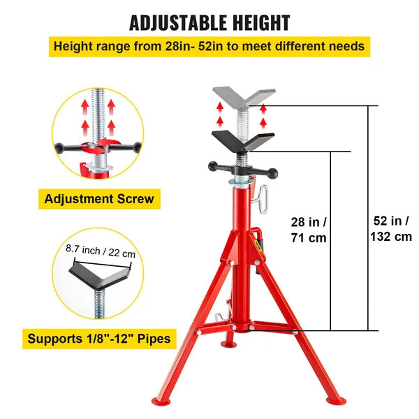 V Head Pipe Stand Adjustable Height 28-52 Inch, Pipe Jack Stands 2500 LB. Capacity,Folding Portable Pipe Stands To 12 Inch Pipe Supporting,Steel Jack Stands