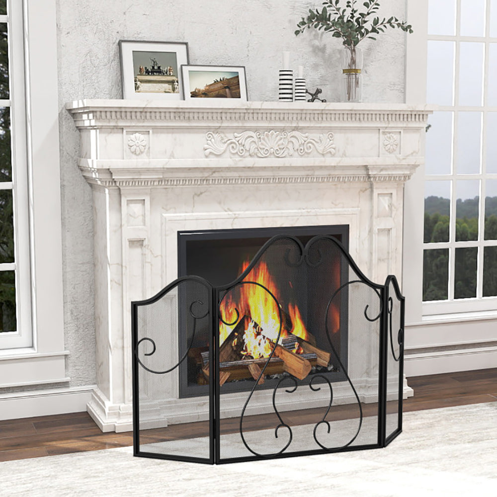 3 Panel Fireplace Screen Foldable Guard Cover With Decorative Scroll