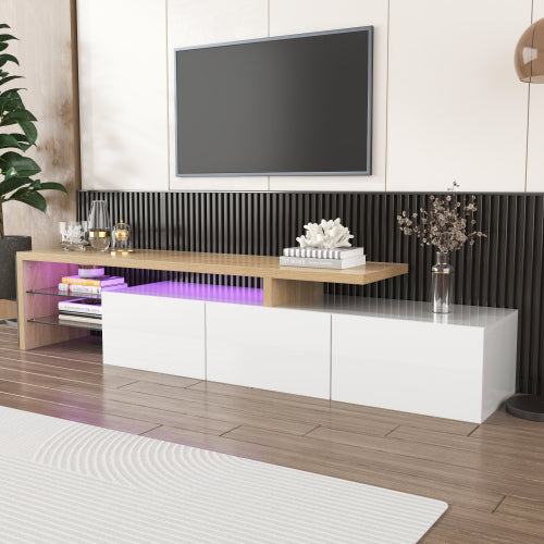 Modern TV Cabinet Design Stylish And Elegant, Practical Storage, High-gloss White, Wooden Look, Glass Shelves, LED Lighting
