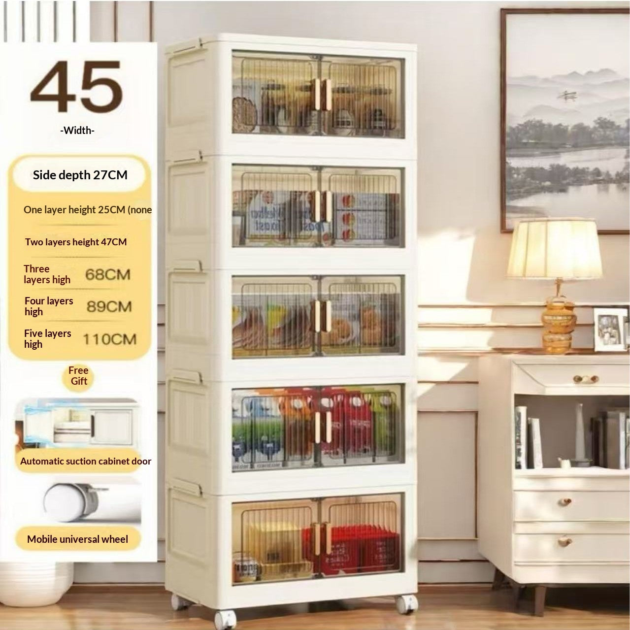Multi-Tier Mobile Storage Cabinet For Snacks And Kitchen Utensils At Home