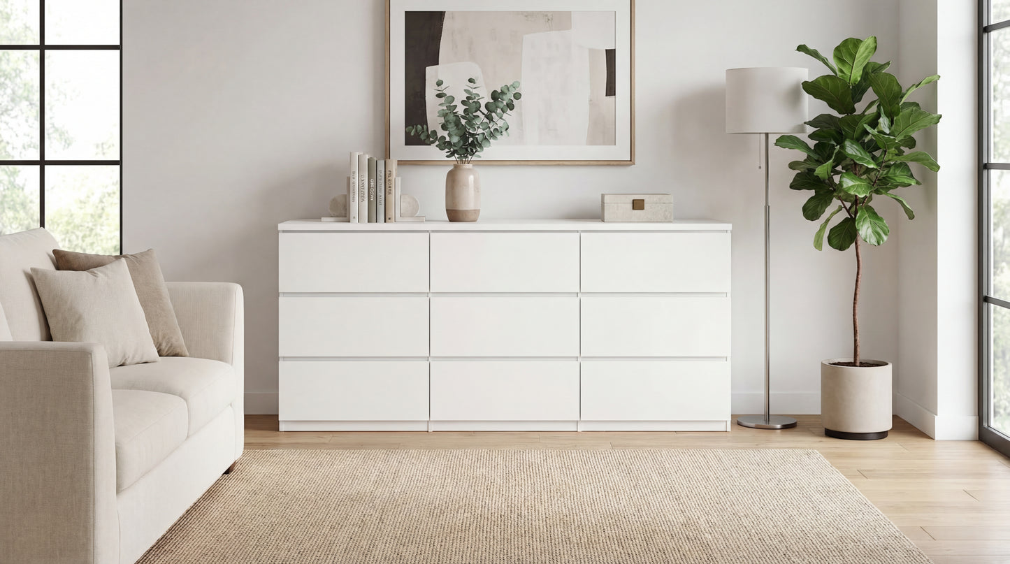 9 Drawer Dresser With No Handle Design, Modern White Matte Wood Dresser For Bedroom, Storage Chest Of Drawers For Living Room, Hallway, Entryway