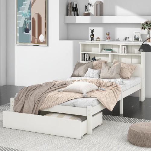 Bed With Shelves, White Wooden Storage Bed, Underbed Drawer - 3FT Single 90 X 190 Cm Frame Only